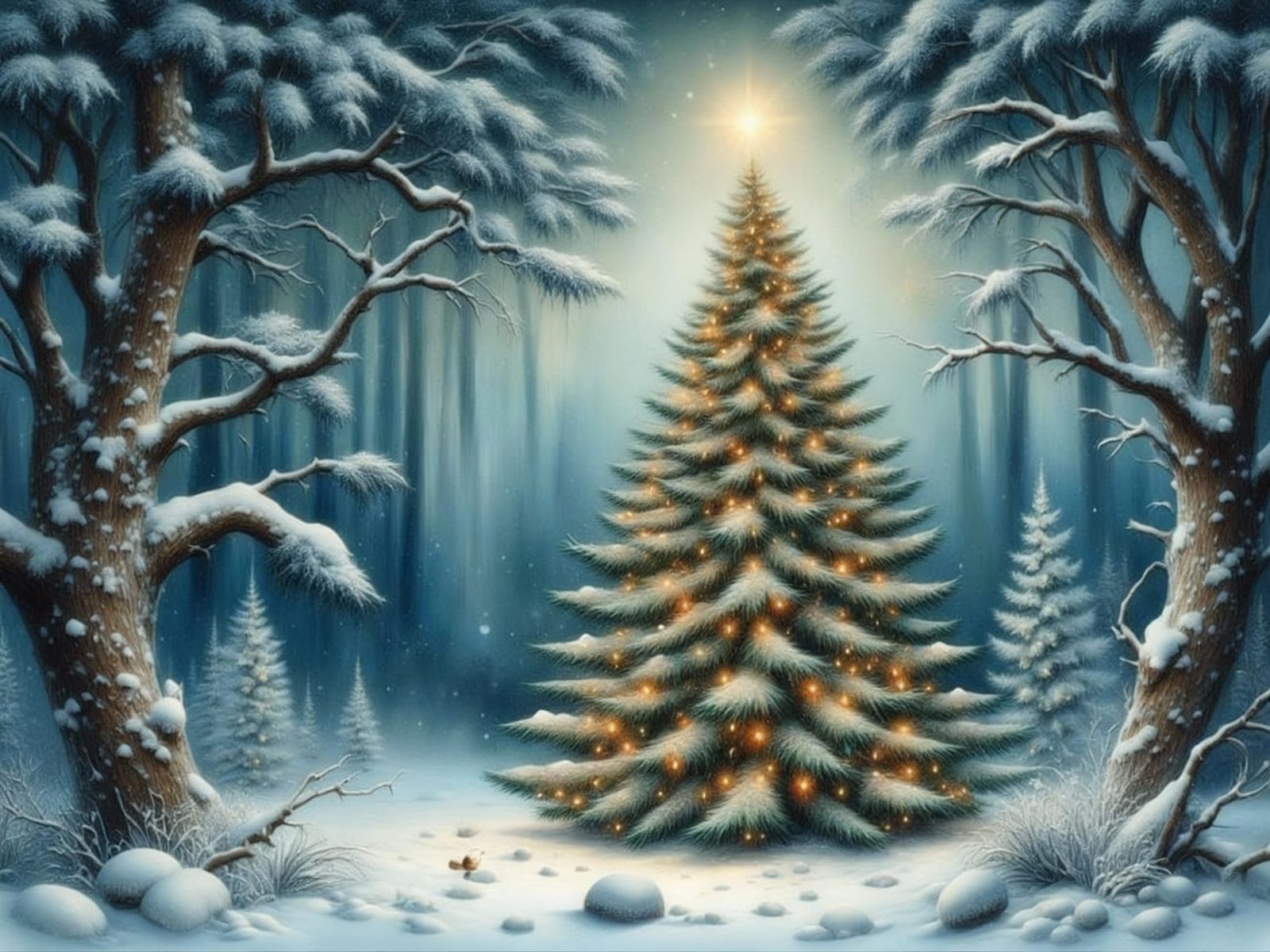 Christmas Tree in Winter Forest with Squirrel