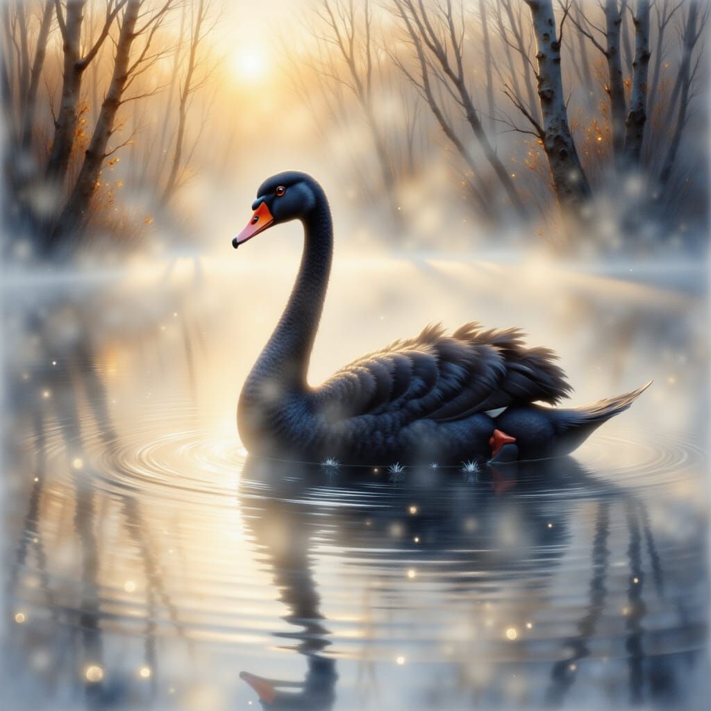 Black Swan Gliding in Ethereal Morning Mist