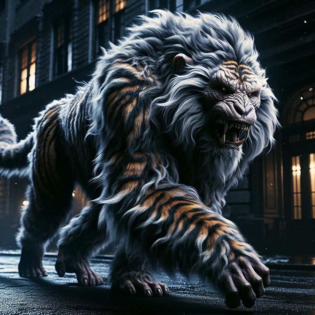 Gorilla-Tiger Chimera Trotting Dark City Street