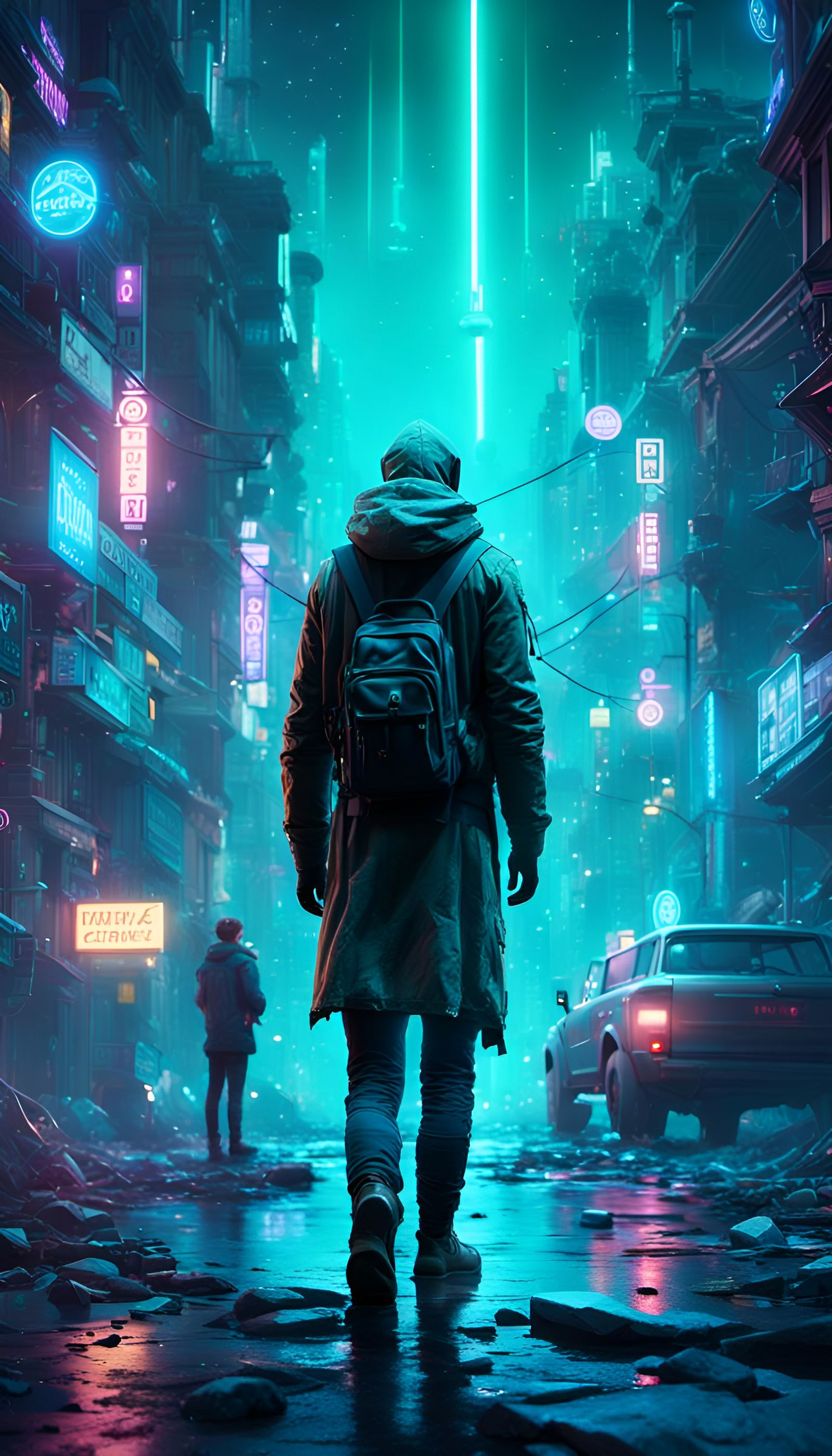 Lonely Figure in Turquoise Neon Cityscape