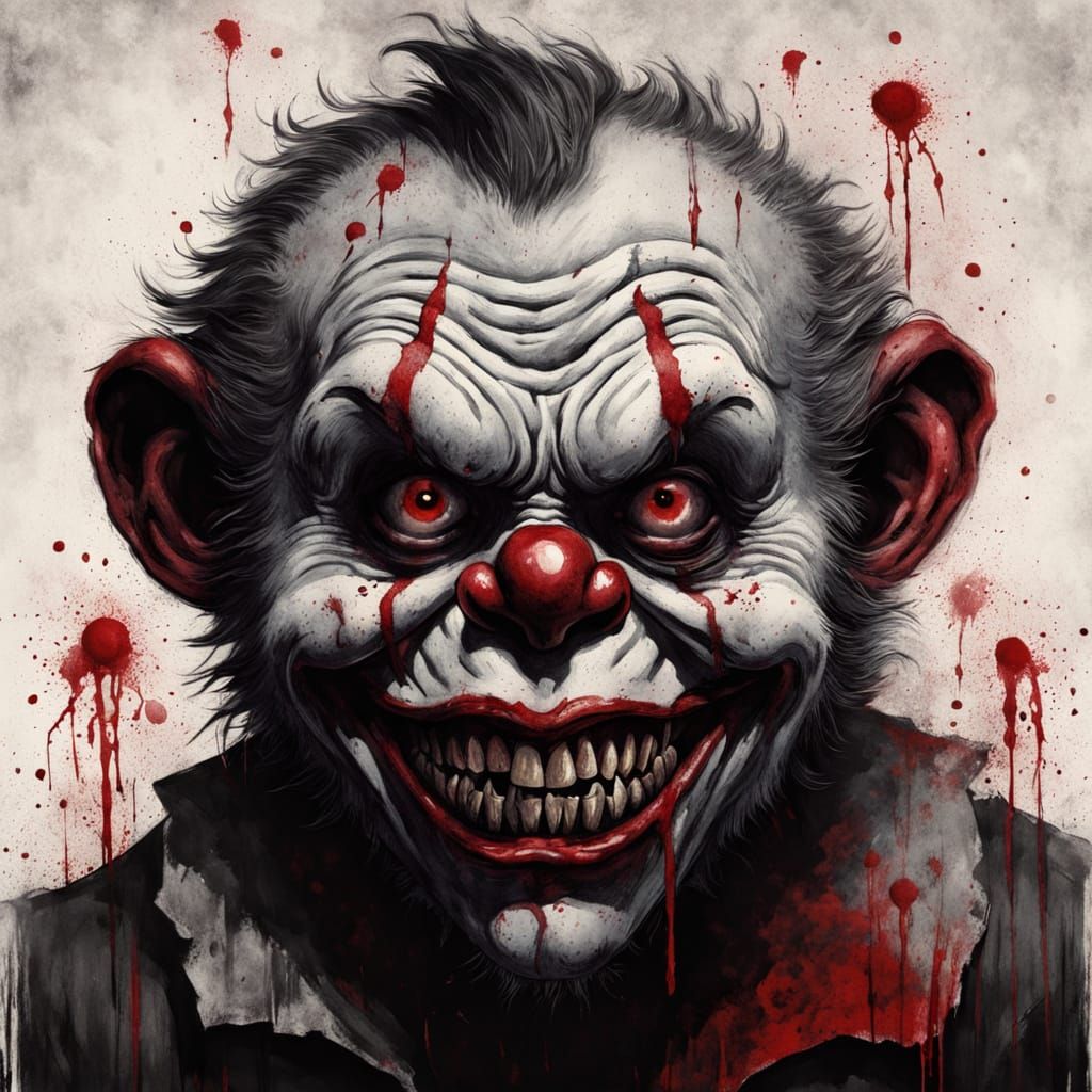 Eerie Zombie Monkey Clown Portrait in Charcoal Style