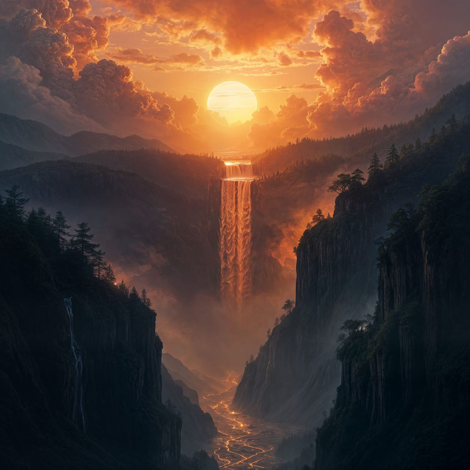 Fiery Sunset Waterfall from Clouds into Valley