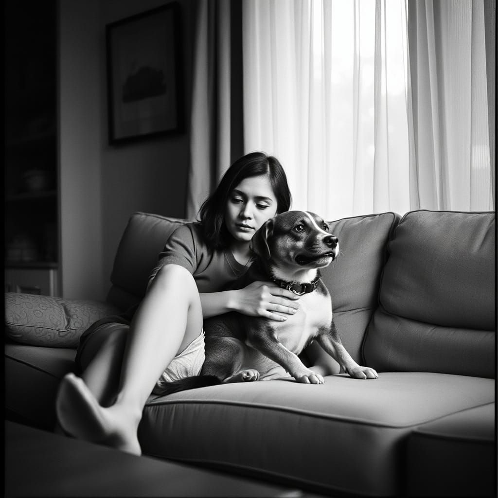 Woman and Dog in Cinematic Black and White