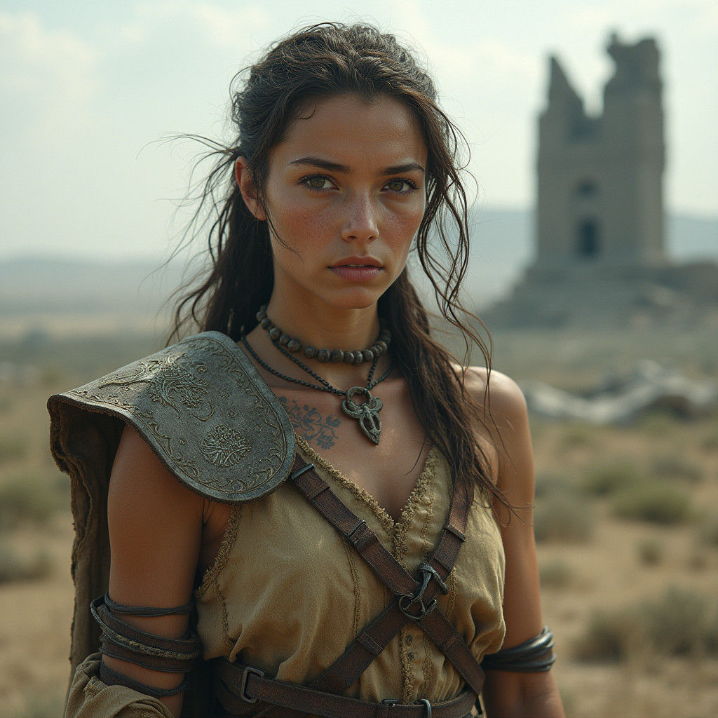 Fierce Warrior Stands in Post-Apocalyptic Landscape