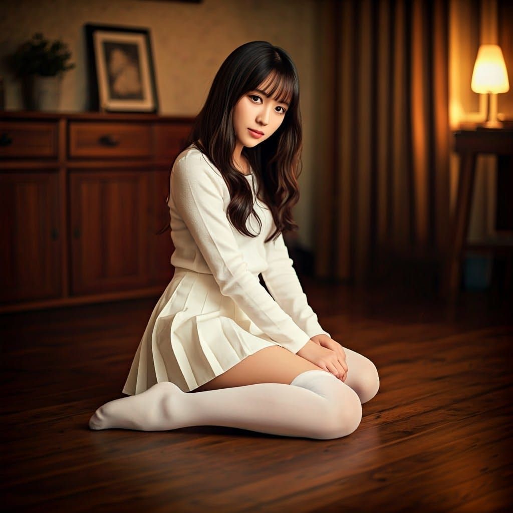 Cozy Japanese Girl in Cinematic Living Room