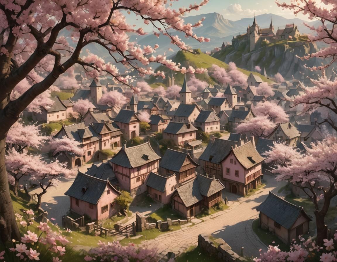 Blooming Medieval Village in Morning Light