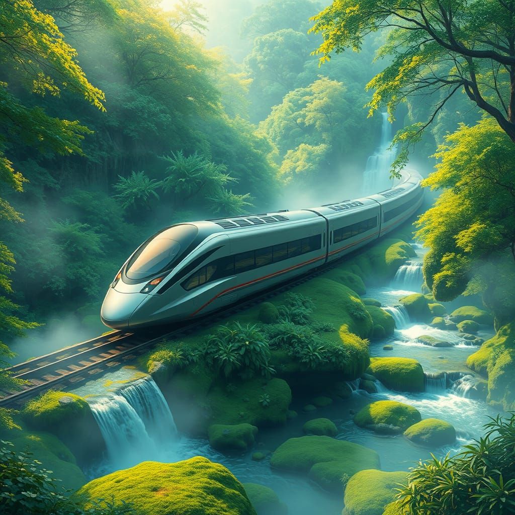 Magnetic Levitation Train in a Vibrant, Dreamy Forest Landsc...