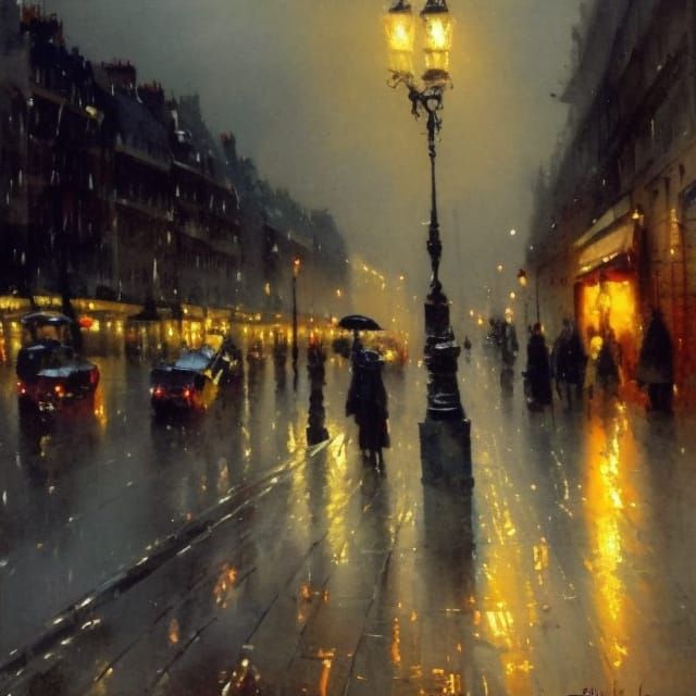 Paris Street at Night: Romantic Watercolor Painting