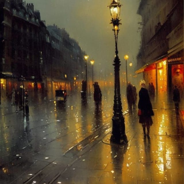 Paris Street at Night: Romantic Watercolour Painting