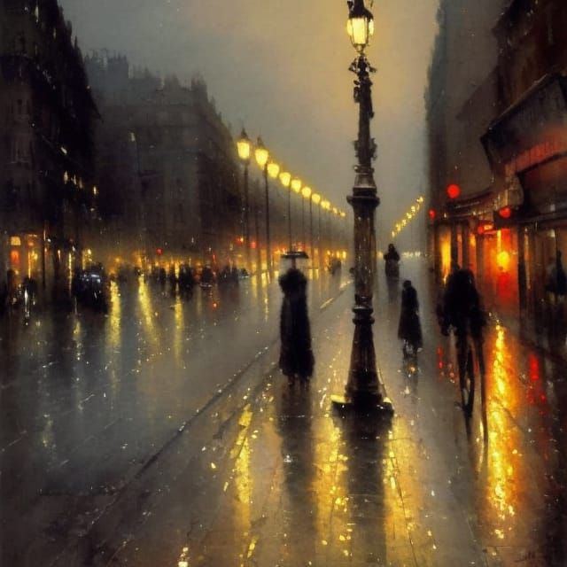 Paris Street at Night: Romantic Watercolor Painting