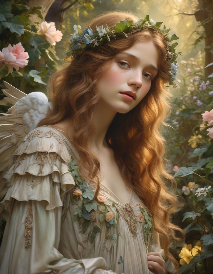 Ethereal Victorian Angel in Garden, Pre-Raphaelite Oil Paint...