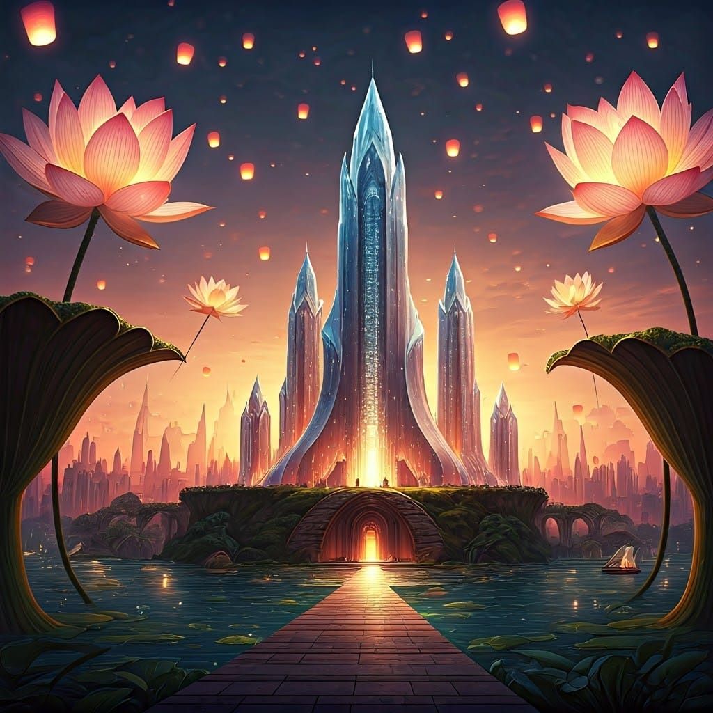 Fantasy City Encircled by Glowing Lotus Flowers