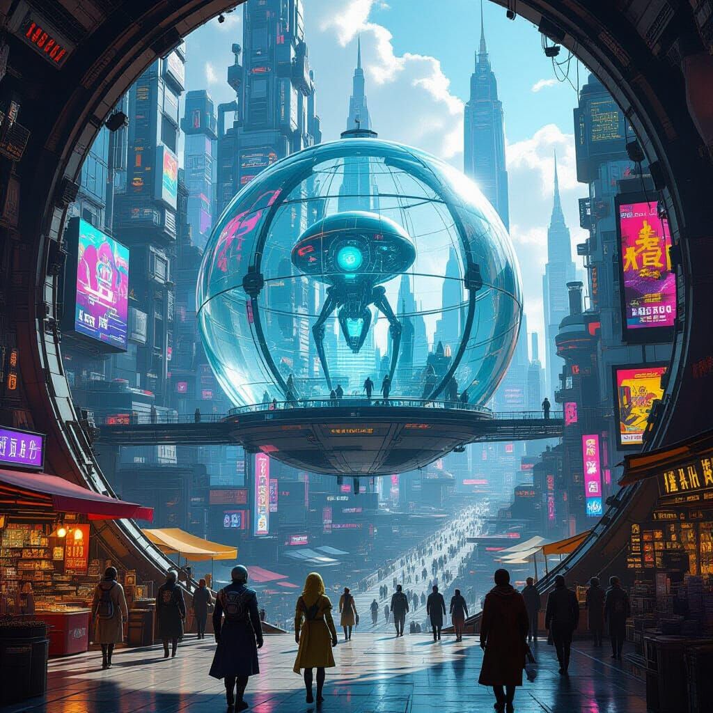 Futuristic Cityscape Inside Glass Dome Space Station