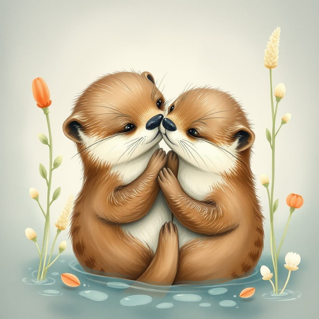 Affectionate Otter Cub in Dreamy Watercolor Style