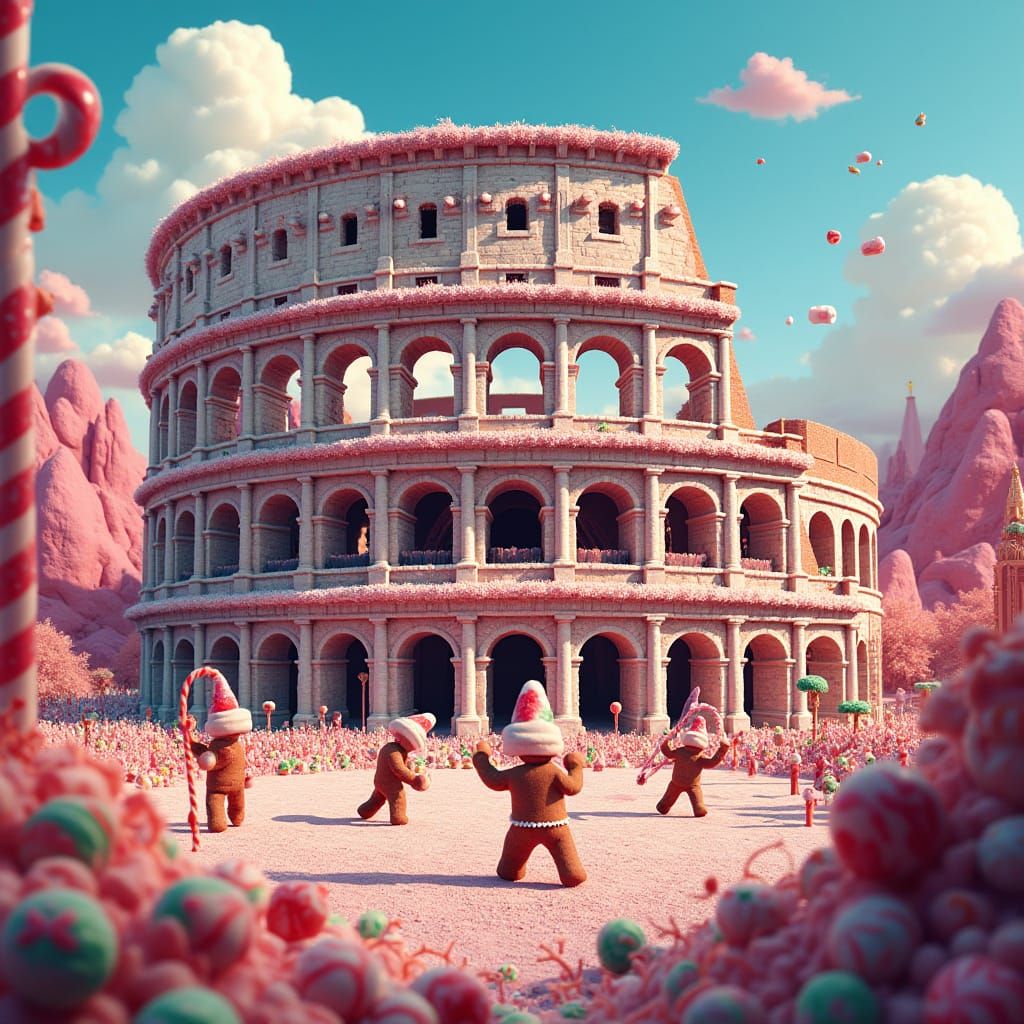 Candy Colosseum with Gingerbread Gladiators in Dystopian Fut...