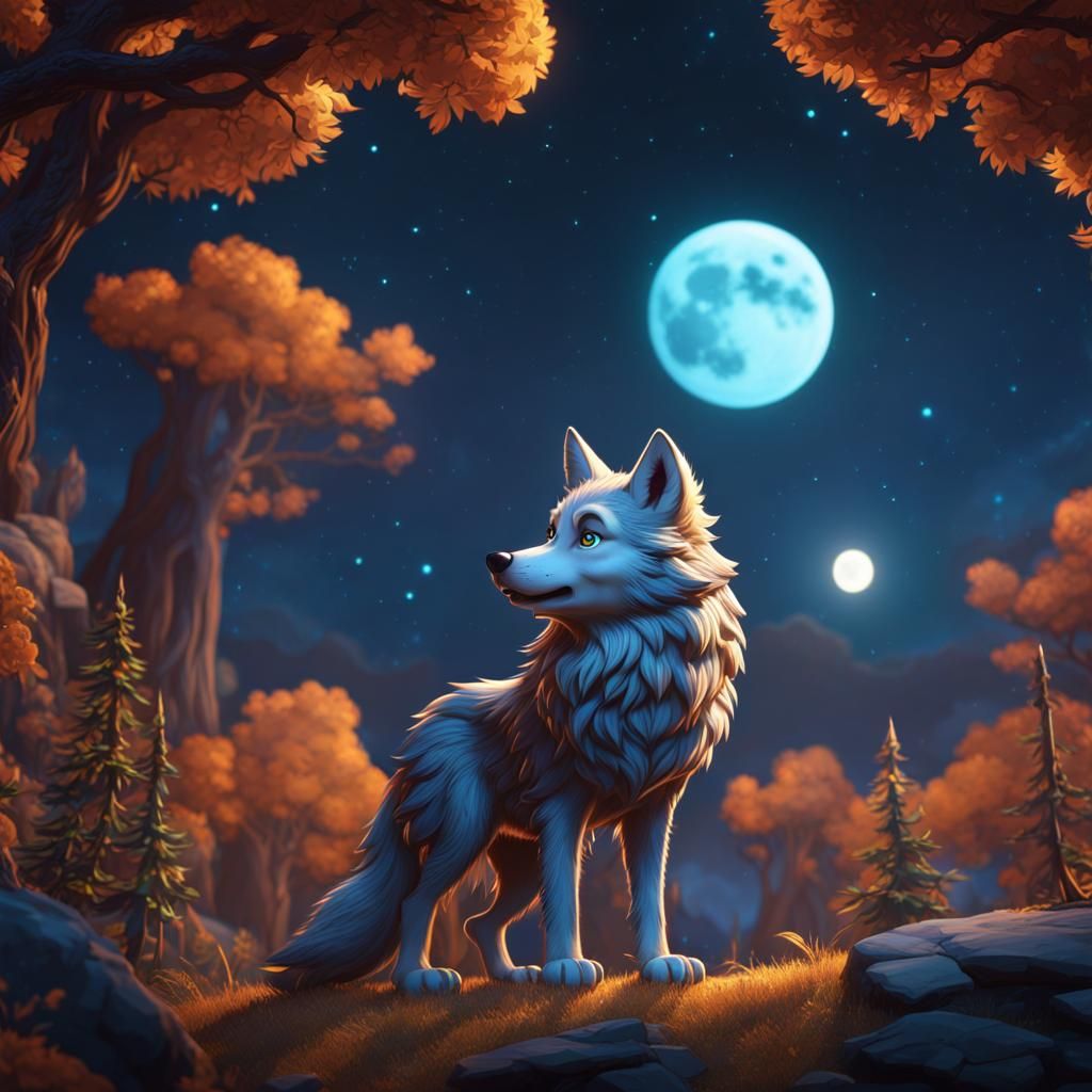 Cute Cartoon Wolf Gazing at the Moon