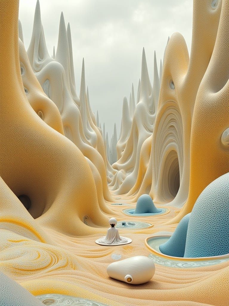 Dreamlike Landscape with Contemplative Figures in Surreal St...
