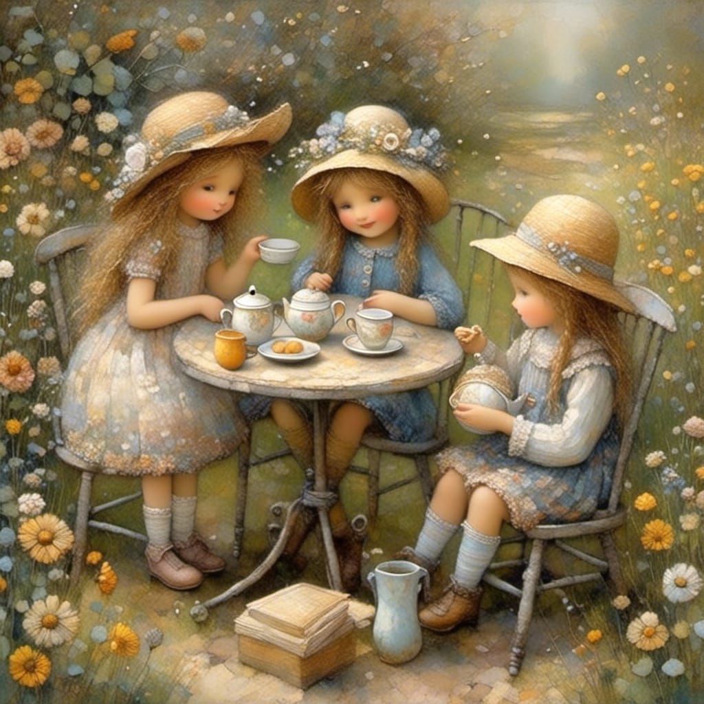 Friends Enjoying Coffee in Garden, Whimsical Illustration