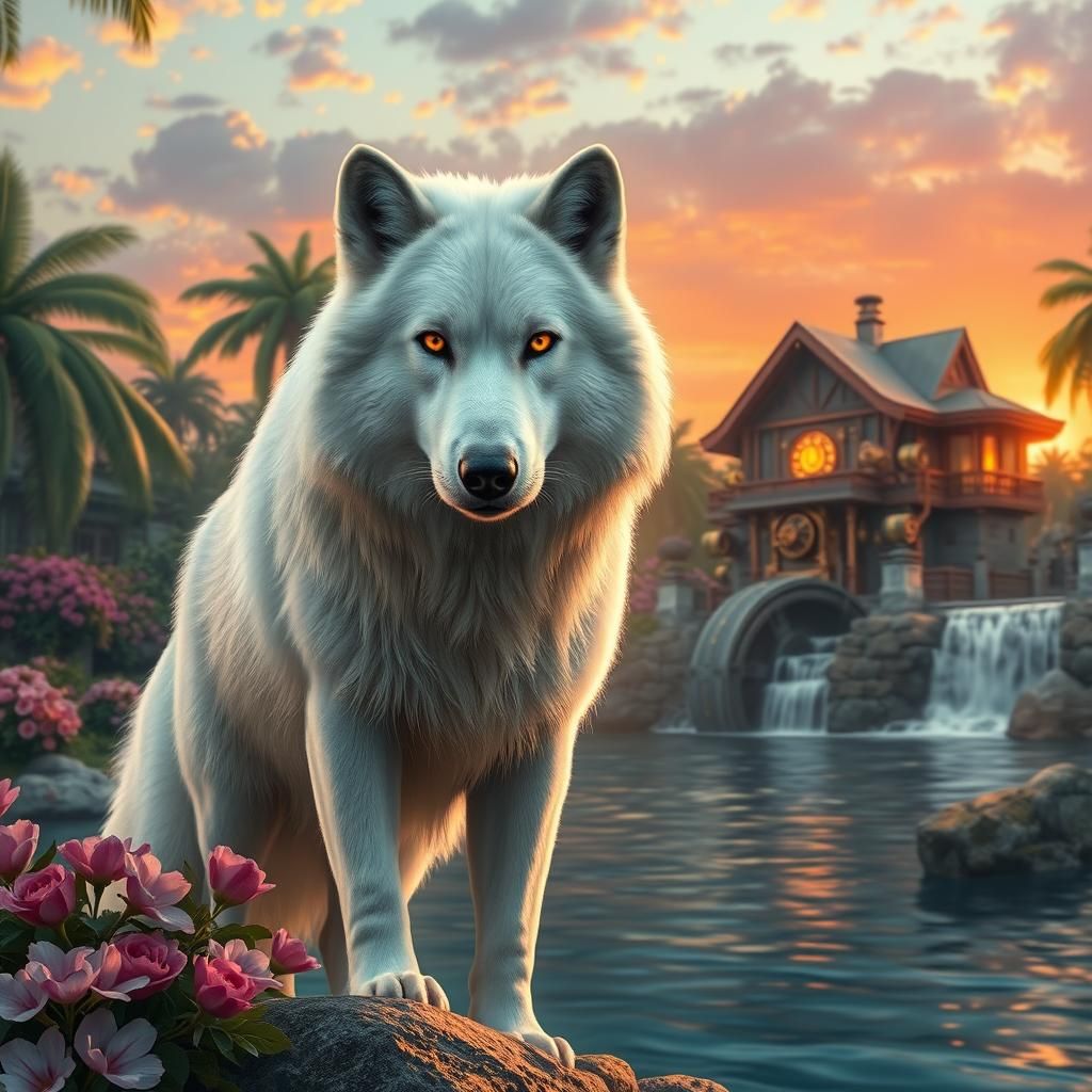 Hyperrealistic White Wolf at Sunset Waterfall Garden