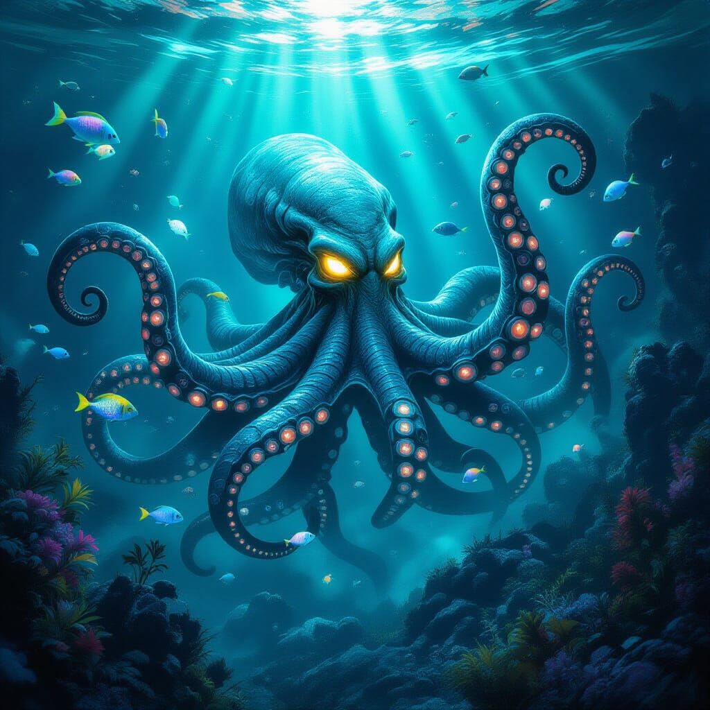 Bioluminescent Kraken Emerges from Alien Ocean Depths