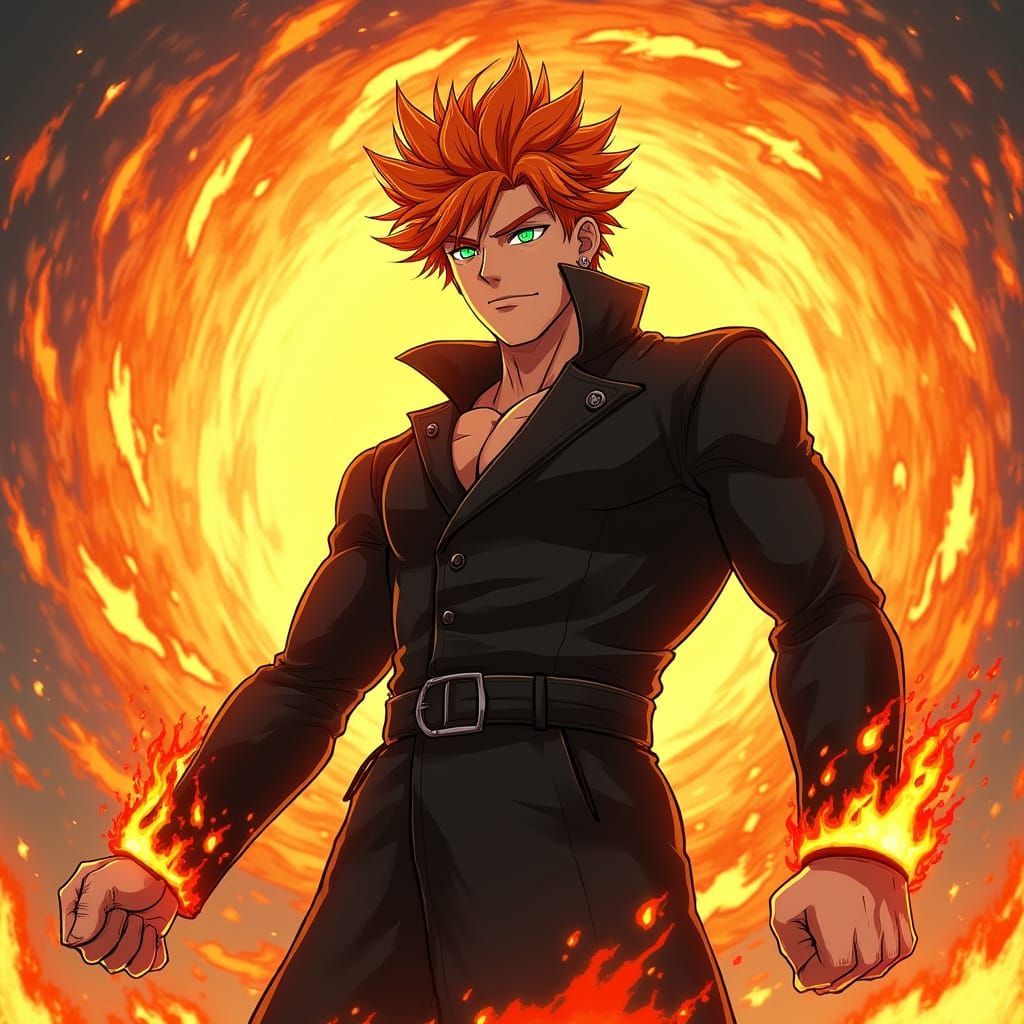 Heroic Anime Warrior with Fiery Orange Hair and Emerald Eyes