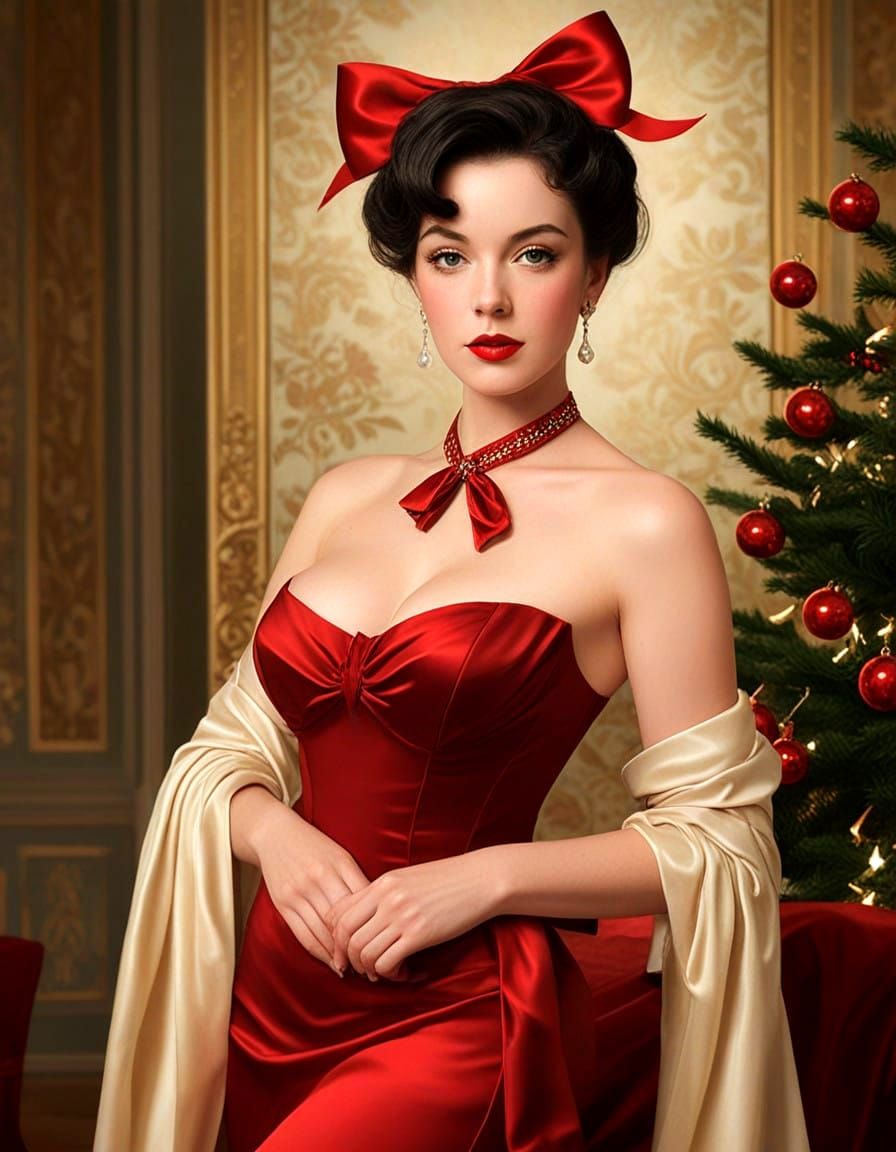 Christmas Pinup Beauty in Art Nouveau Style