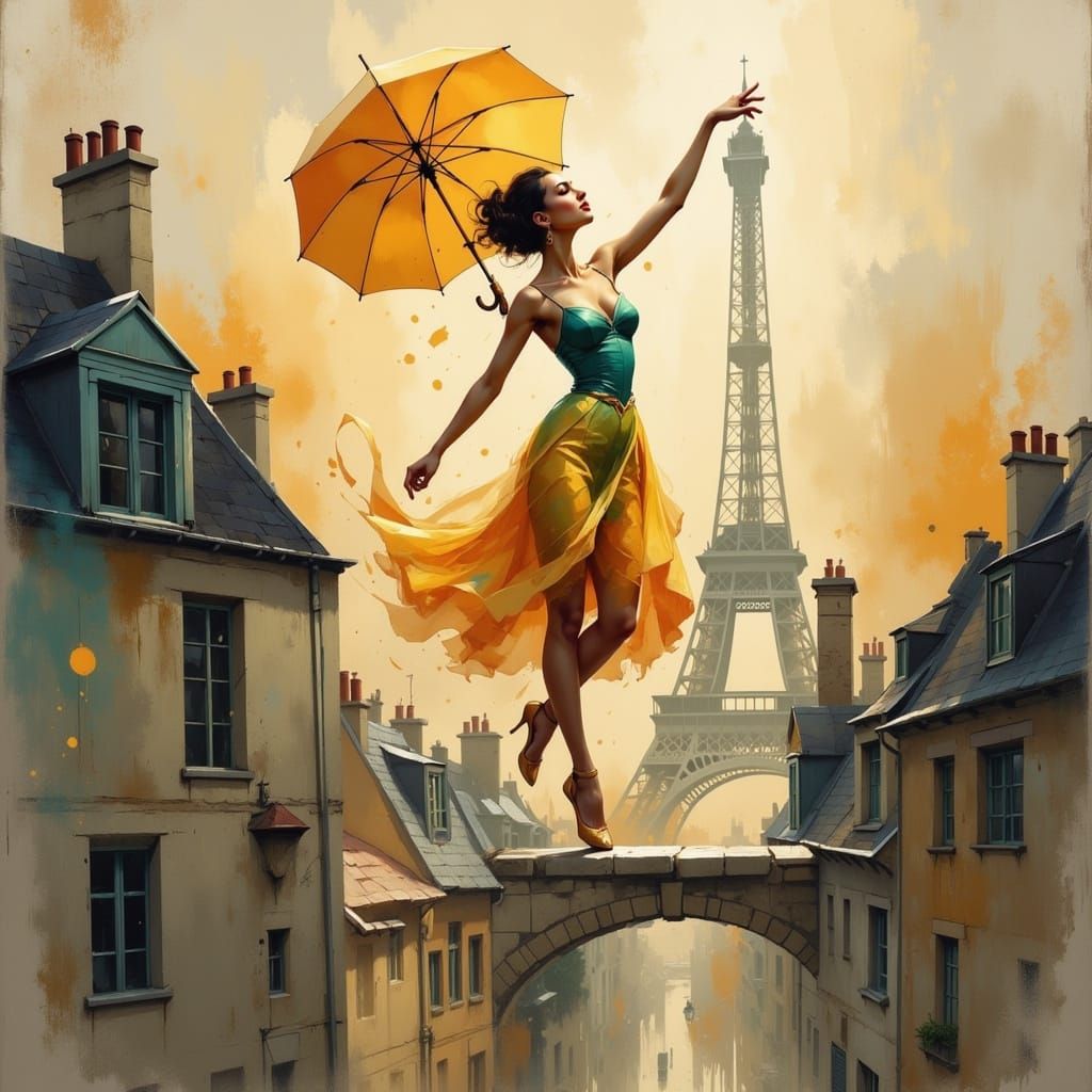 Ballerina Dancing Over Paris Roofs at Golden Hour