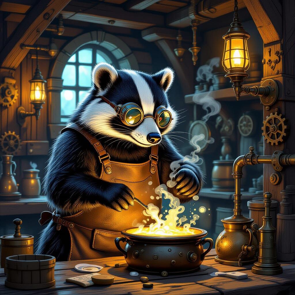 Steampunk Badger Tends Bubbling Concoction in Gaslit Tavern