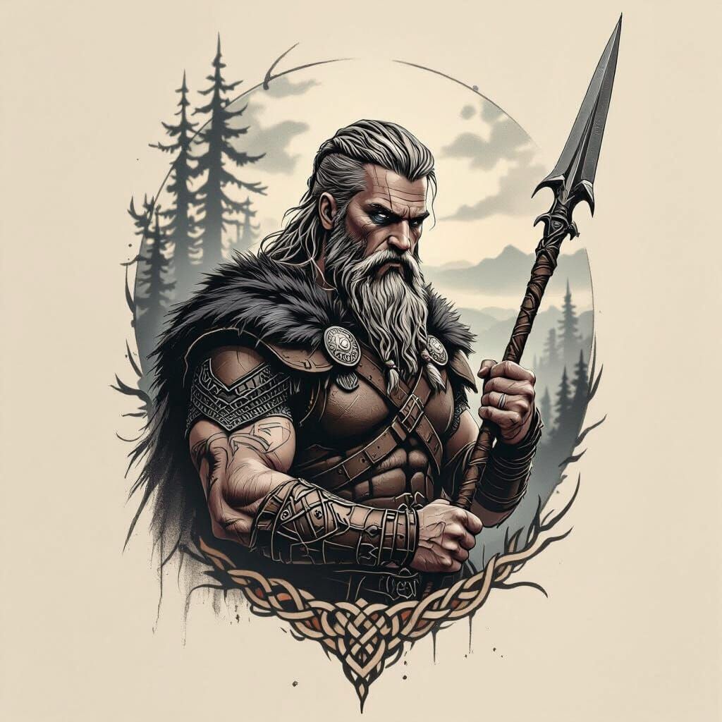 Norse God Hönir as Realistic Warrior Tattoo