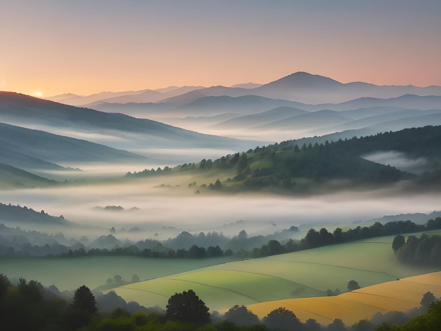 Impressionistic Watercolor Landscape at Misty Sunrise