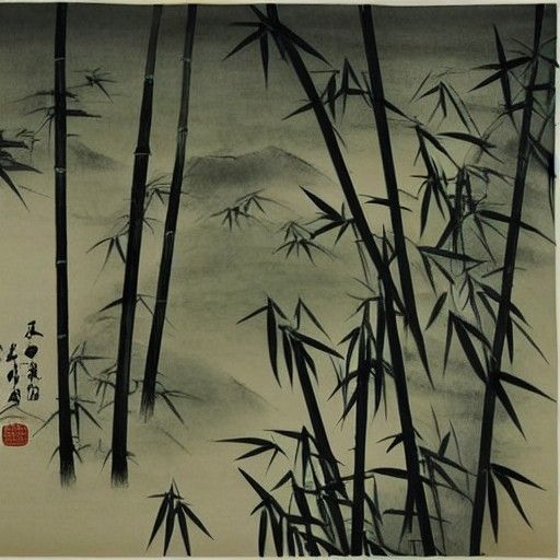 Ink Wash Painting of Bamboo on Hillside