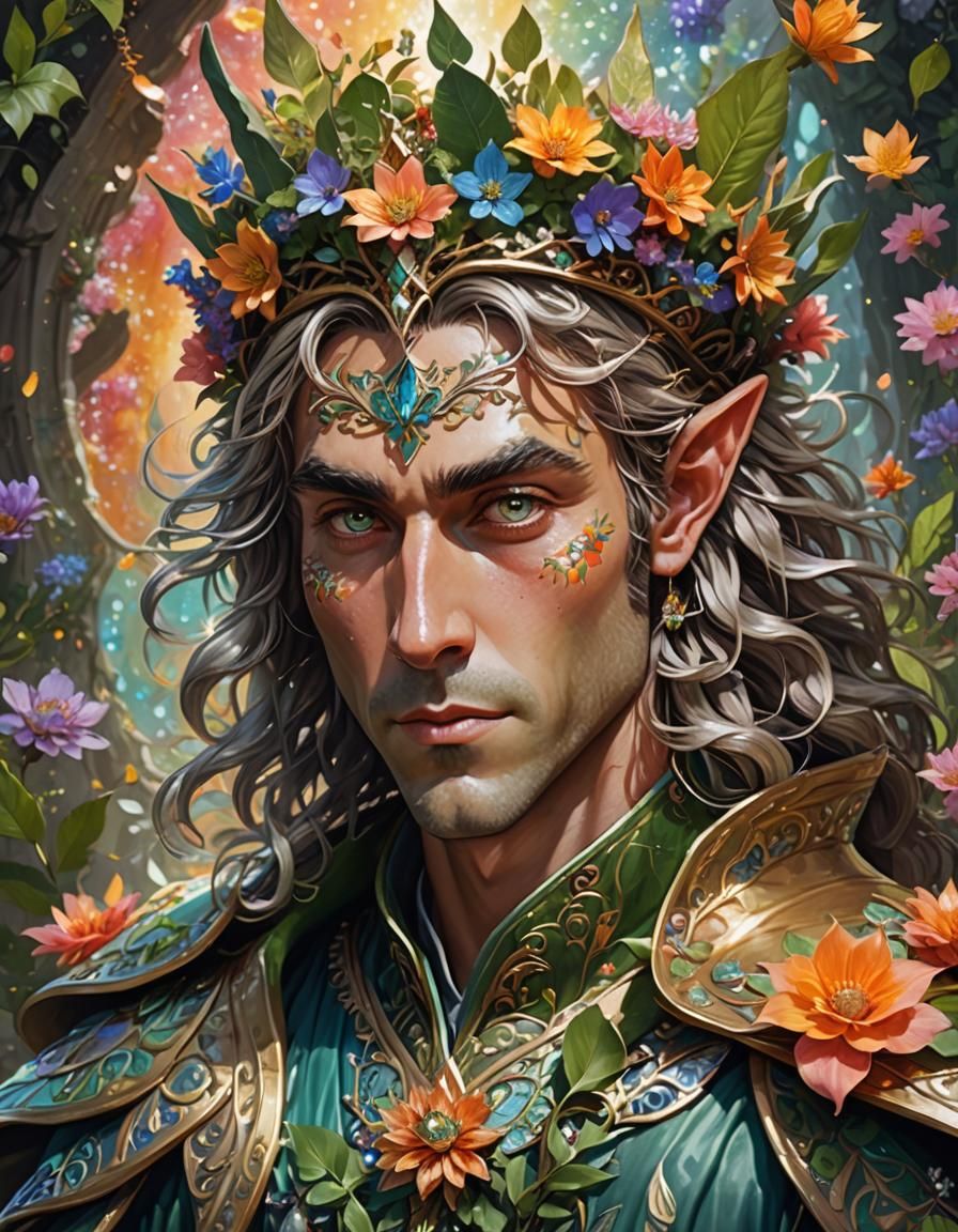 Elf King Portrait with Iridescent Crown: Fantasy Art