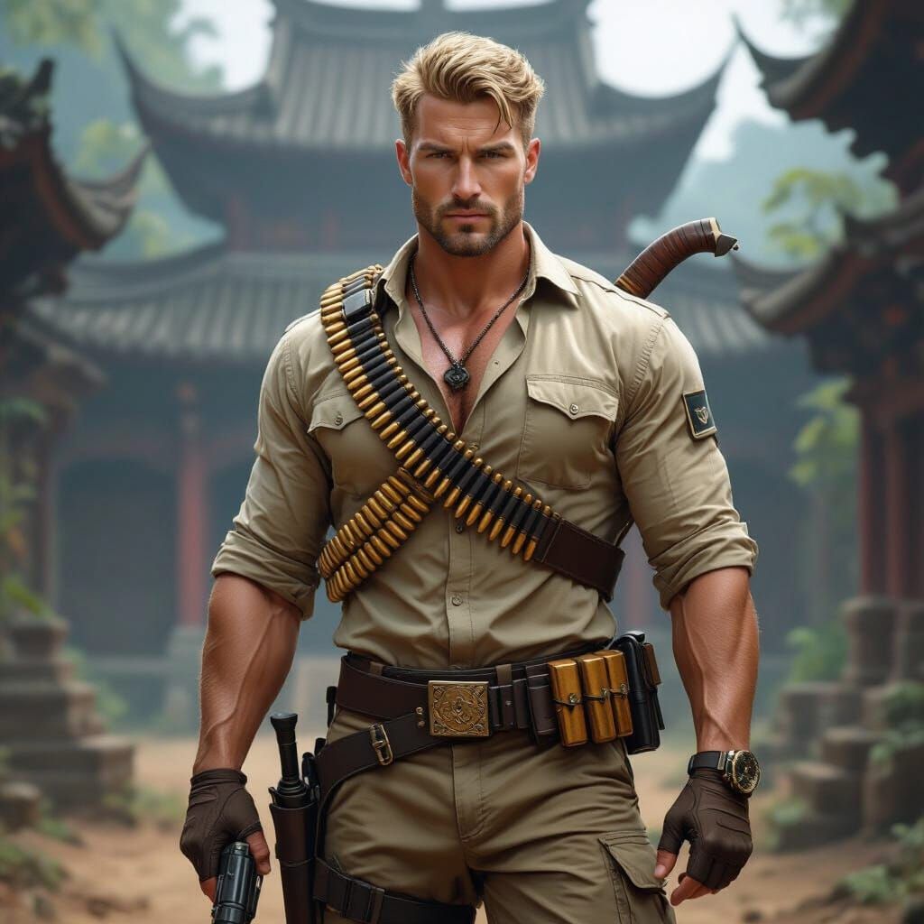 Muscular Blonde Soldier in Ancient Jungle Temple