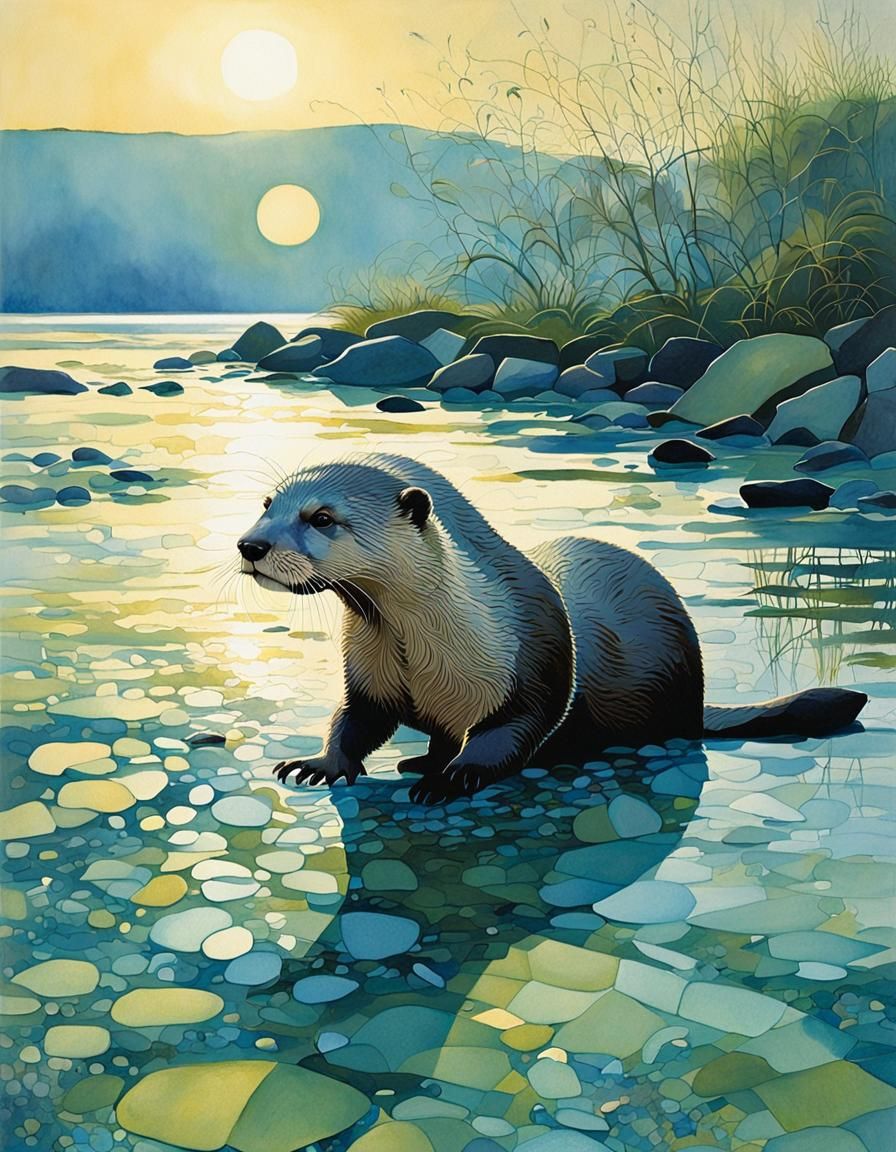 Otter Swimming at Sunset: Watercolor Painting