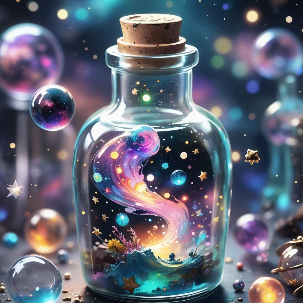 Miniature Universe in Glass Bottle: Anime-Inspired Concept A...