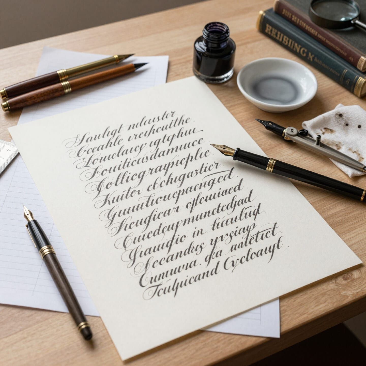 Monochromatic Graphite Drawing of Calligraphy Workspace