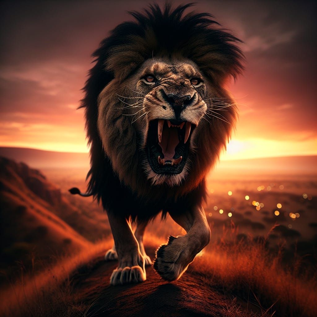 Powerful Lion Roaring at Sundown in Magical Realism