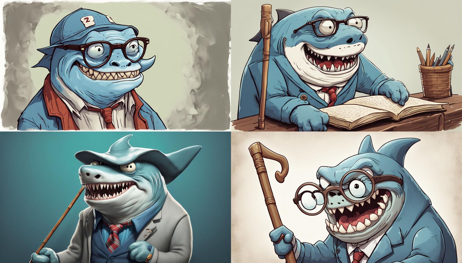 Grumpy Elderly Shark Character with Cane