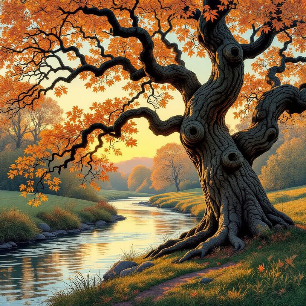Art Nouveau Oak Tree by River in Autumn