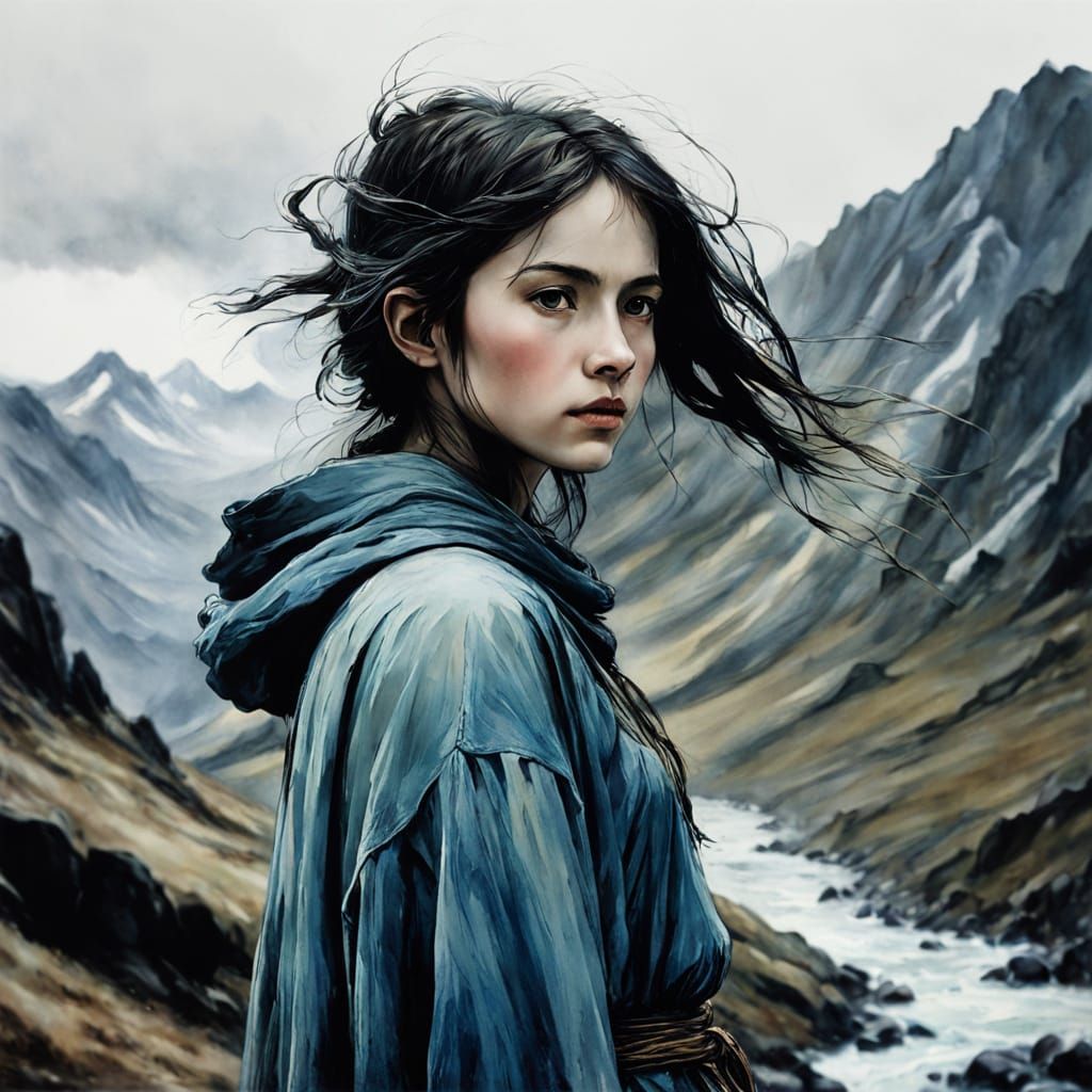 Woman in Mountains, Storybook Style