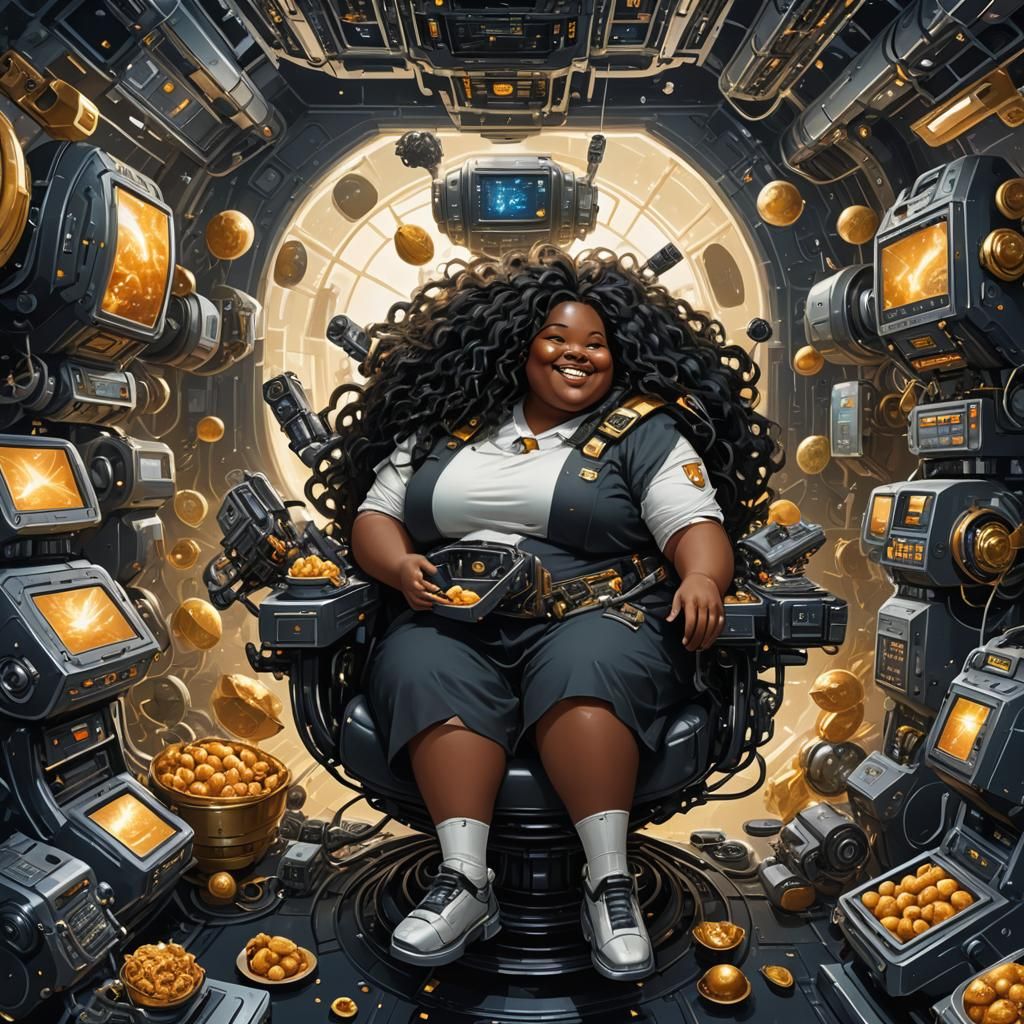 Girl in Hovering Chair in Sci-Fi Spaceship Interior