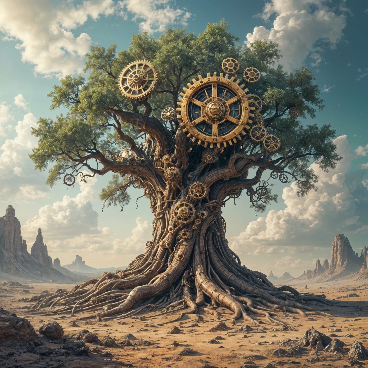 Colossal Clockwork Tree in Cosmic Horror Landscape