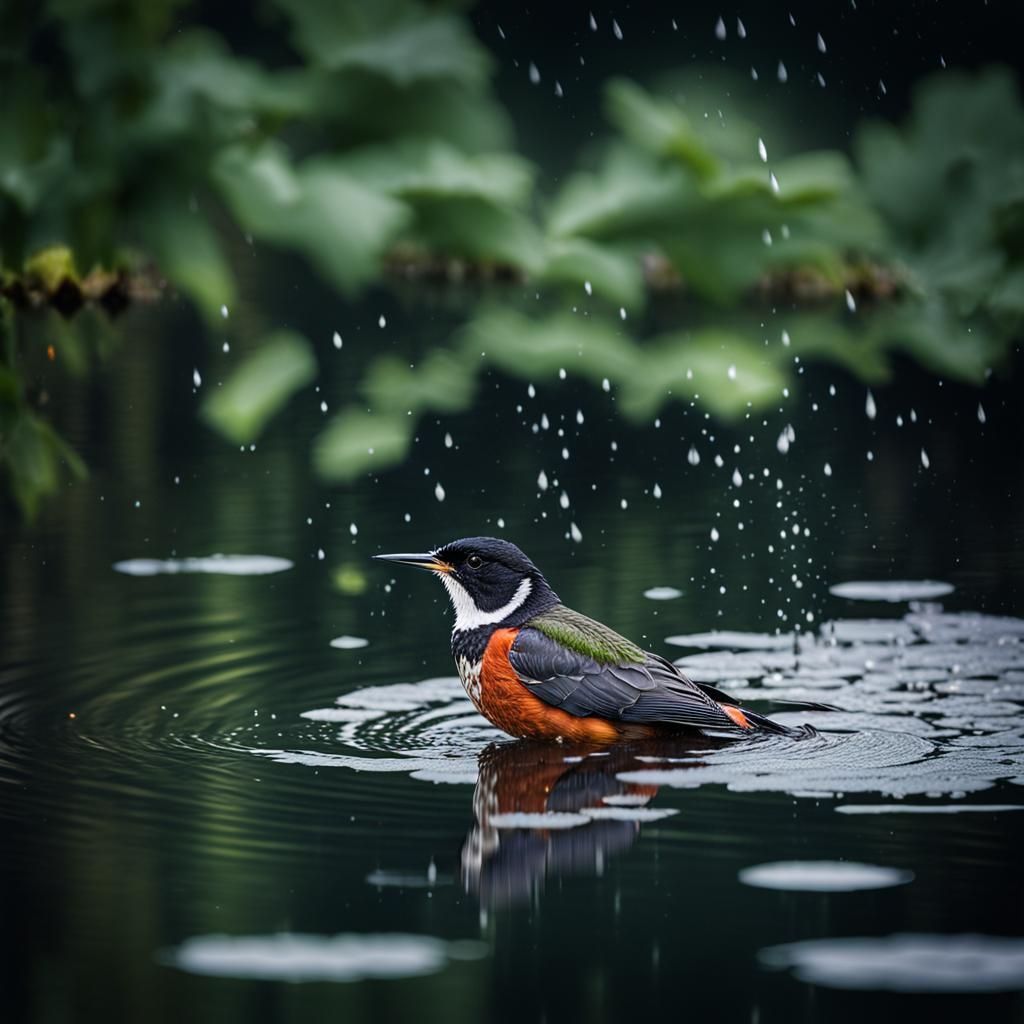 Songbird's Thunderstorm Swim: Hyperrealistic Bird Portrait