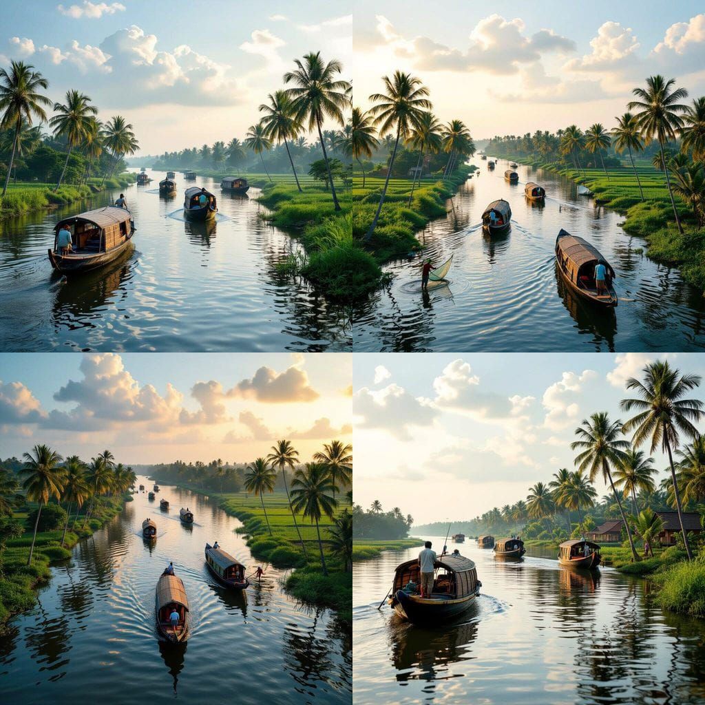 Kerala Backwaters: Houseboats, Fishermen, and Lush Scenery