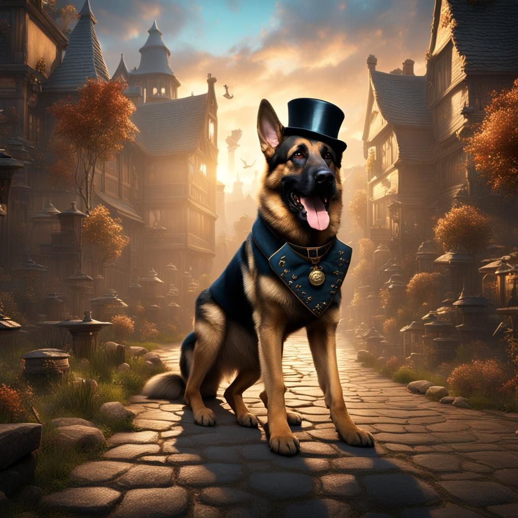 German Shepherd in Top Hat: Detailed Matte Painting