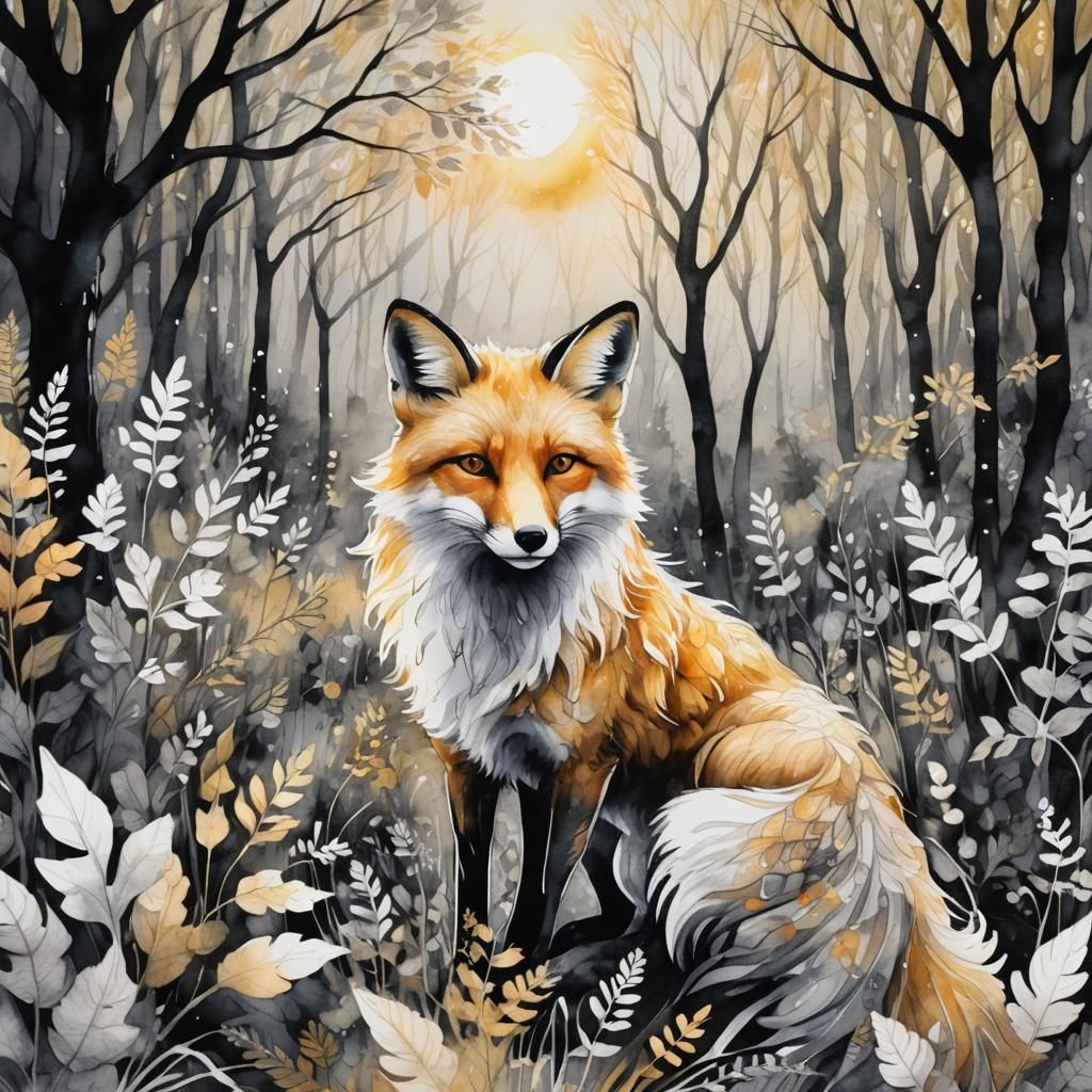 Luminous Fox in Mystical Forest, Ethereal Watercolor