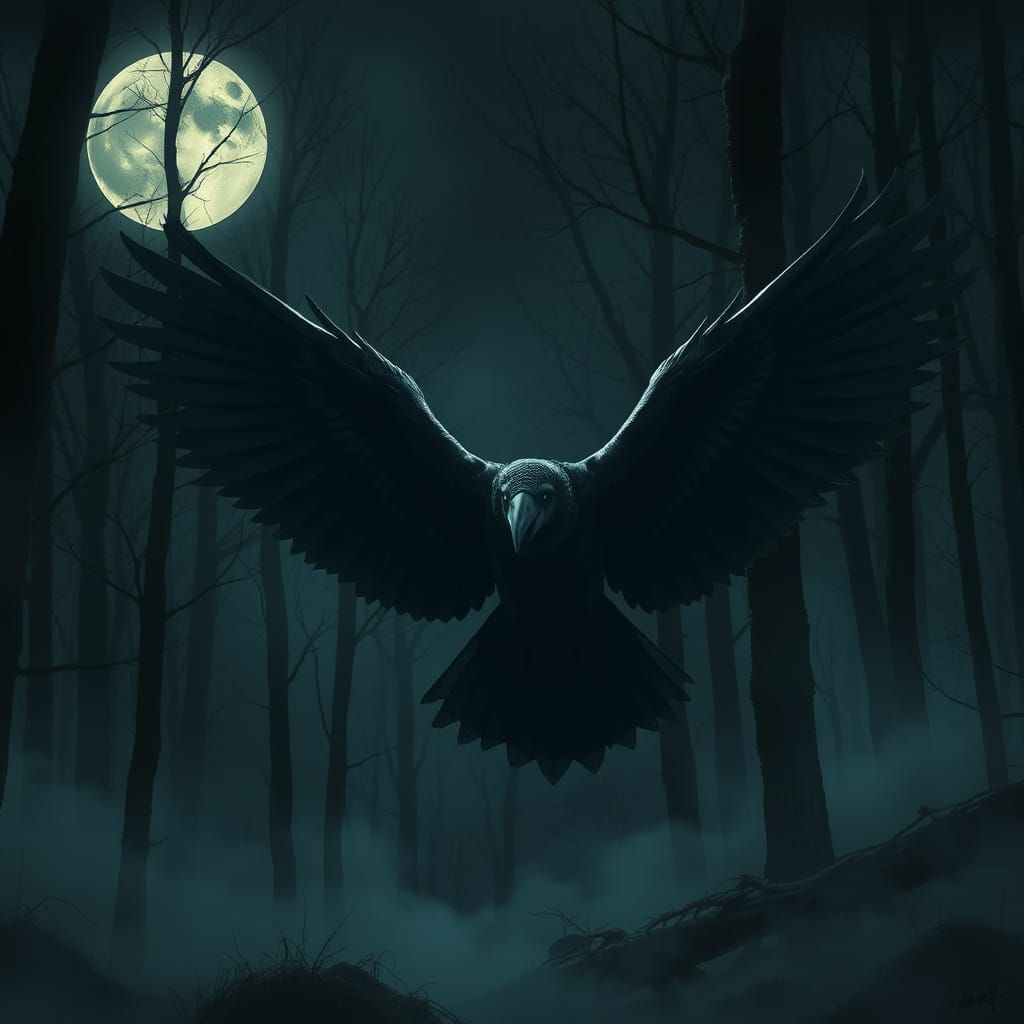 Raven in Moonlit Forest: Digital Painting