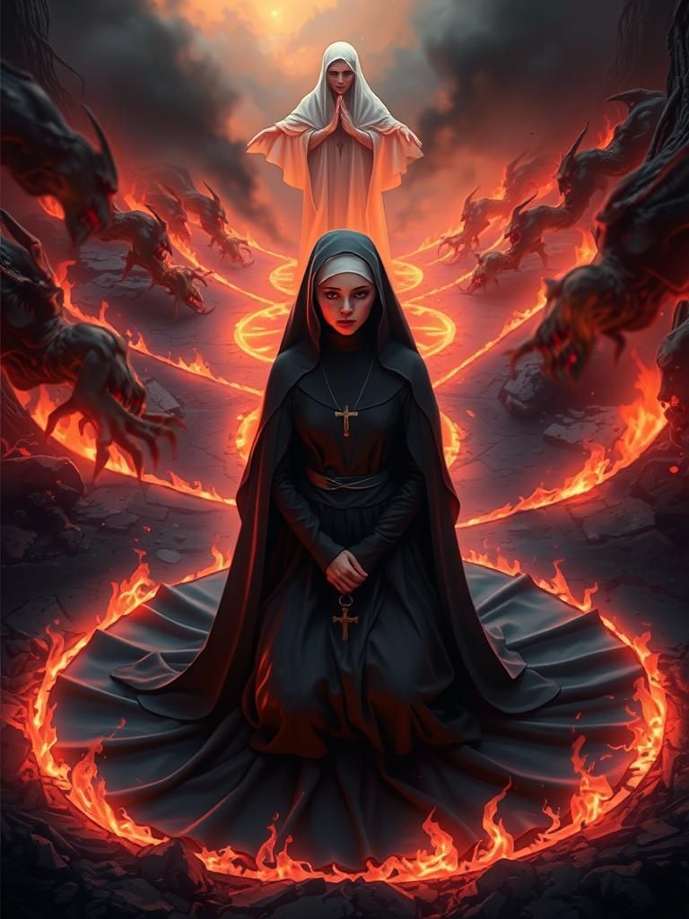 Nun Praying in Gehenna, Art Nouveau Style