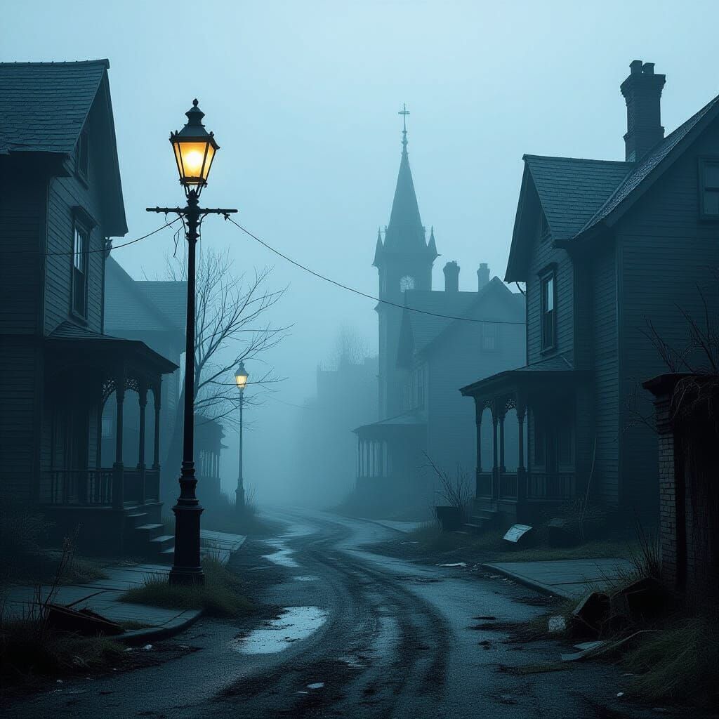 Ominous Foggy Street in Dilapidated Town
