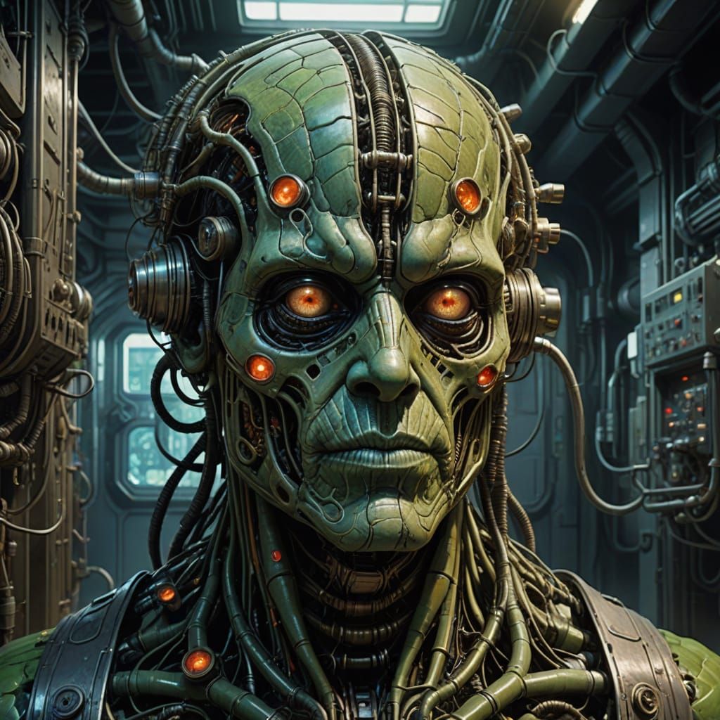 Surreal Scientific Landscape as Colossal Man's Scalp in Sunk...